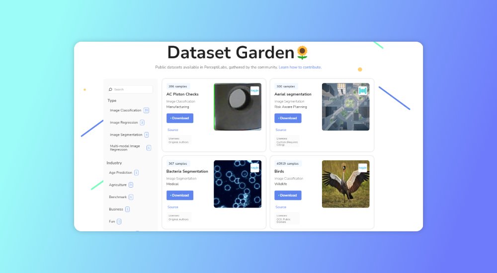 We have gathered public datasets for you to quickly try out different models on data similar to your use case, before you put in the effort of gathering your own data 🚀

The best thing is that anyone can contribute 🙌 Learn more here: perceptilabs.com/dataset-garden
