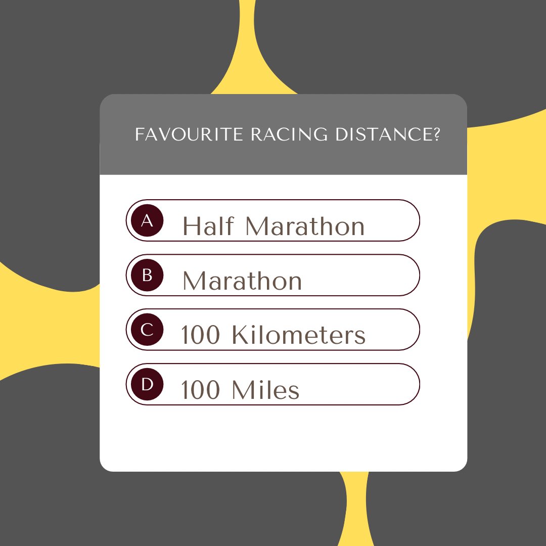 OutrunRacing's tweet image. Do tell! Fave racing distance:
A. Half marathon 
B. Marathon 
C. 100 Kilometres 
D. 100 Miles

Drop A, B, C or D in the comments⤵️ Thanks for playing along!
