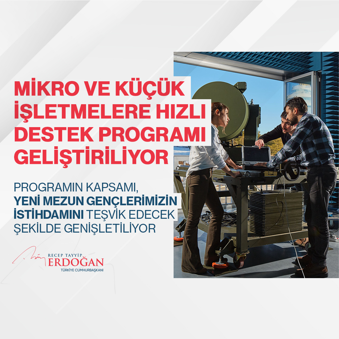 RTErdogan's tweet photo. 2021’in Nisan ayında mikro ve küçük ölçekli işletmelere yönelik başlattığımız hızlı destek programının kapsamını genişletme kararı aldık.

Program ile meslek lisesi veya üniversite mezunu gençlerimizin istihdam edilmelerini teşvik ediyor, önemli ölçüde destekliyoruz. https://t.co/8QskfkatTH