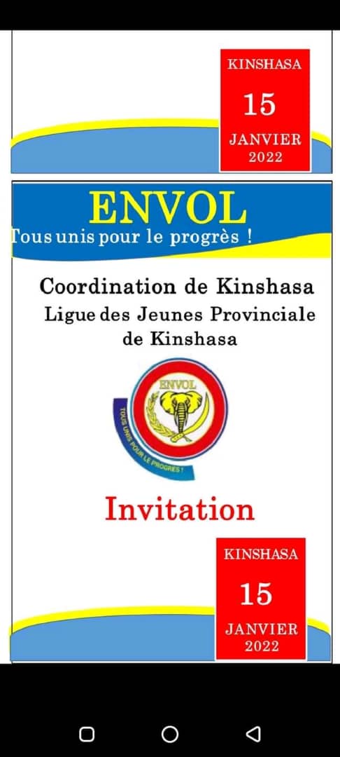 InfosActusNews's tweet photo. La ligue des jeunes provinciale de Kinshasa invite tous les jeunes à prendre part à l'activité d'adhésion massive qu'elle organise le 15 janvier 2022 à 10h au siège National du parti EnvolRdc,sous le thème"jeunesse consciente face aux enjeux de l'heure". cordiale bienvenue à tous https://t.co/chAZ4FHHwG