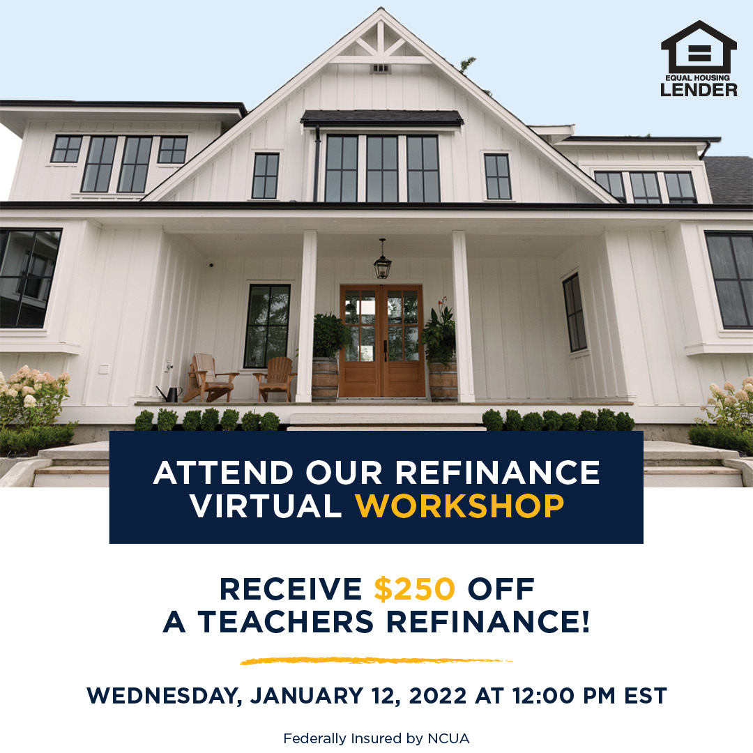 teachersfcu's tweet photo. Join us for a Virtual #Refinance Workshop at 12:00 p.m. EST on Wednesday, January 12th, and receive $250 off a Teachers Refinance!
Register: https://t.co/yMmnWRVwah
#TeachersFCU #SmartForAll #FinanceTips https://t.co/SBB6W1dGxz
