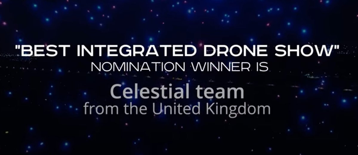 CelestialDrones's tweet photo. We are THRILLED to share that we have been awarded 'Best Integrated Drone Show' at the 2nd International Drone Show Competition!
https://t.co/8aw5Vlhdzj
#creativebathawards #droneart #droneartists #dronelightshow #droneshow #dronepilot #droneswarm #droneswarmshow https://t.co/117lFMRxRT