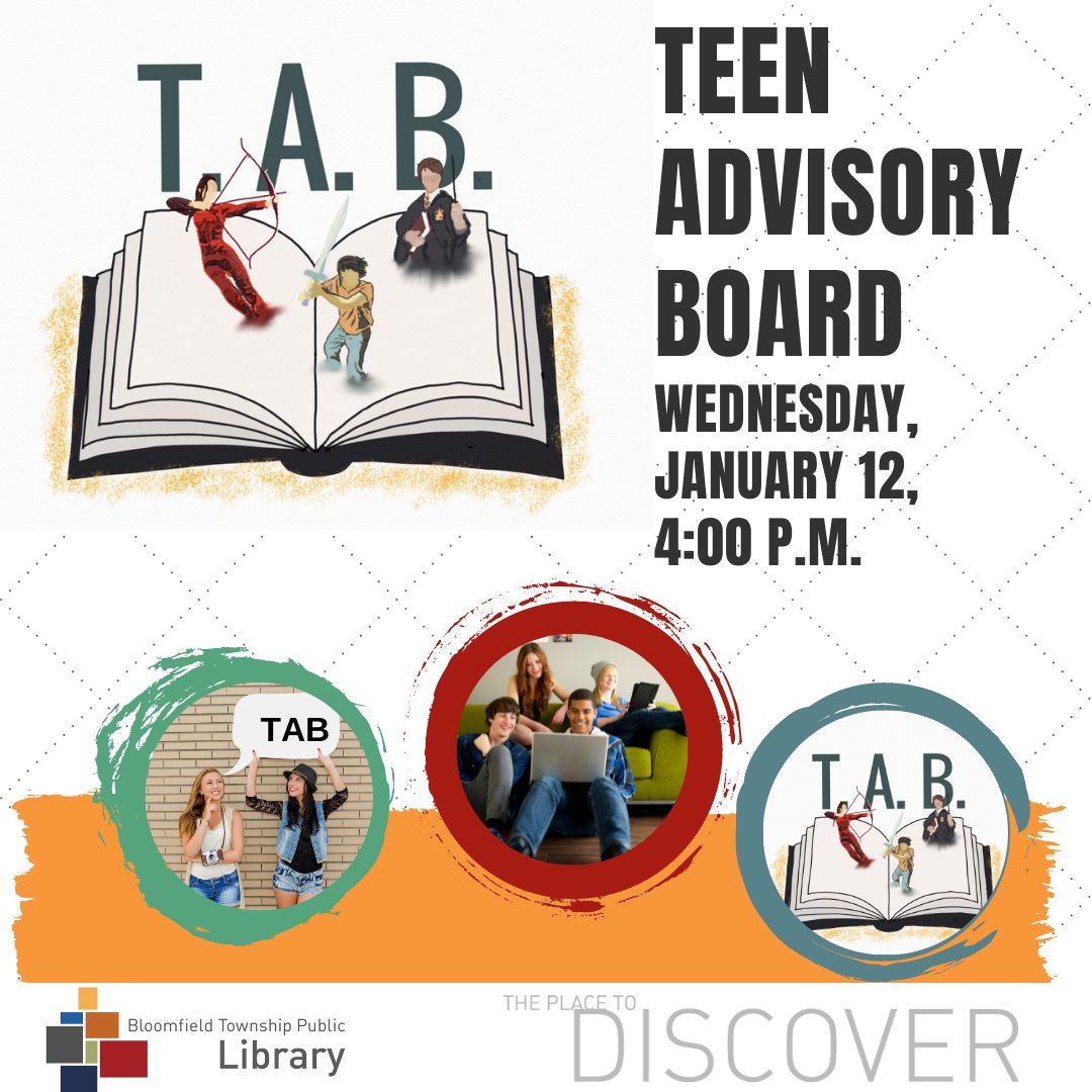 BTPL_MI's tweet photo. Hey teens - Join TAB!  https://t.co/d2RDXjJvF9 #BTPLTAB #TAB #libraryteens #bloomfieldtownshipMI https://t.co/7m77uWm7Yh