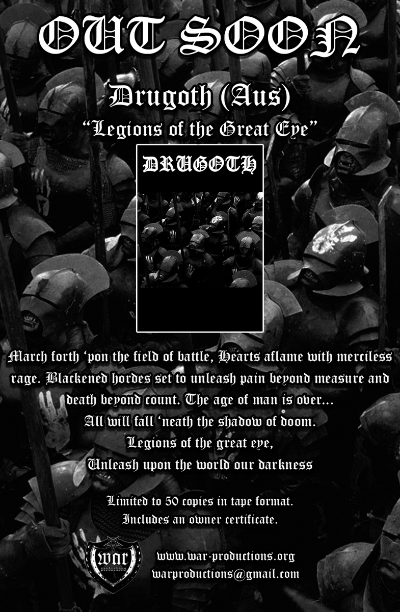 WarProd's tweet photo. #OutSoon #PreOrder
28 January 2022
50 copies on tape.
Includes an owner certificate.
Digital-3.33โฌ
Physical-5โฌ
The reunion of the 2 EP named "Legions of the Great Eye"
https://t.co/tsyXYO1dgt
#WarProductions
#Drugoth
#SupportTheUnderground
#OurRelease
#BlackMetal https://t.co/xBhamwPpOg