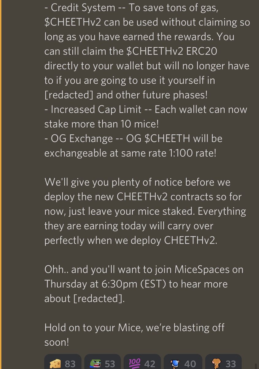 AnonymiceNFT's tweet photo. BIG MICE ANNOUNCEMENT:

With breeding wrapping up soon, @_MouseDev has unveiled the future of $CHEETH v2 &amp; much more to come.

Full details below and in the discord.

#MiceBuilding https://t.co/wLvsciVGRo