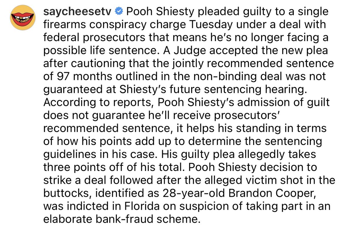 SaycheeseDGTL's tweet photo. Pooh Shiesty is no longer facing a possible life sentence. He could potentially serve 97 months. https://t.co/Y6ACQPQfr0