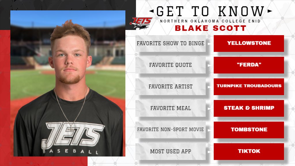 Northern Oklahoma College Jets Baseball (@nocenidjets) on Twitter photo GET TO KNOW ✈️⚾️‼️
3️⃣2️⃣DAYS UNTIL OPENING DAY‼️
🔦TODAY’S PLAYER SPOTLIGHT🔦
#️⃣3️⃣2️⃣
Blake Scott (<a href="/blakescott23_/">Blake Scott</a>)
Catcher
Tonkawa, OK
Major: Business
✈️⚾️‼️ GET TO KNOW ✈️⚾️‼️
3️⃣2️⃣DAYS UNTIL OPENING DAY‼️
🔦TODAY’S PLAYER SPOTLIGHT🔦
#️⃣3️⃣2️⃣
Blake Scott (<a href="/blakescott23_/">Blake Scott</a>)
Catcher
Tonkawa, OK
Major: Business
✈️⚾️‼️