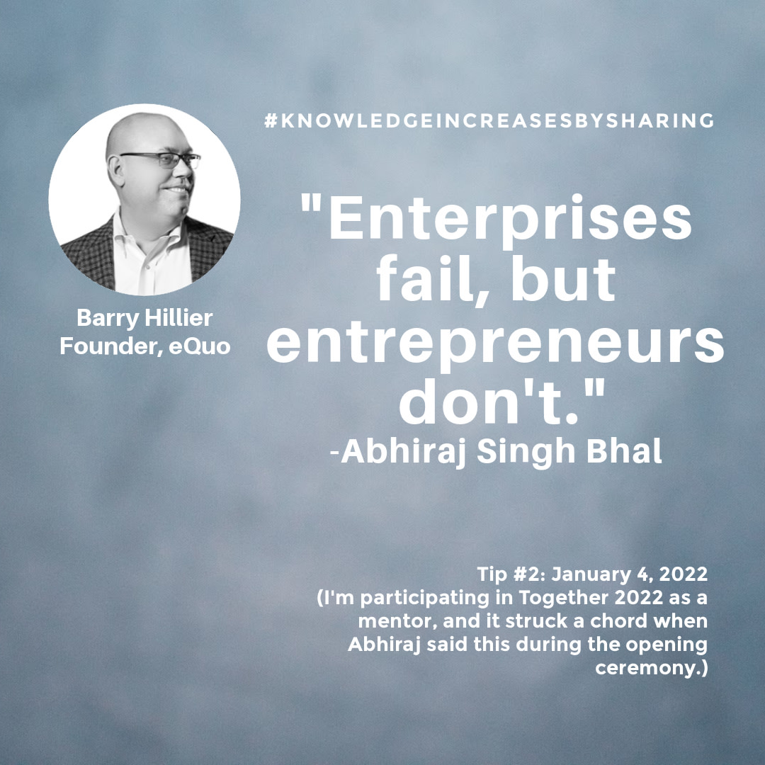 My second tip for #knowledgeincreasesbysharing comes out of a comment from Abhiraj Singh Bhal. It was a critical point, highlighting the fact that failure is a learning opportunity that allows you to be better prepared for the next idea.