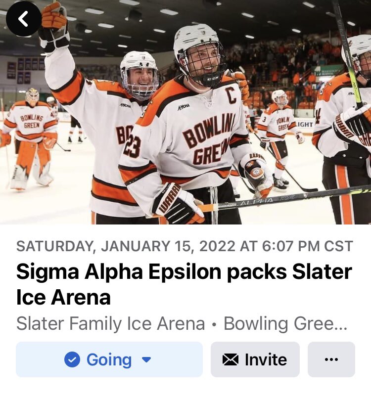 Calling all Alumni: 
Saturday, January 15th Join brothers present and past for a night of food, hockey, and SAE fun. 

4pm Dinner at Buffalo Wild Wings in BG

7:07 pm puck drops. 
Purchase General Admission tickets through the BGSU ticket office

DM us with any questions