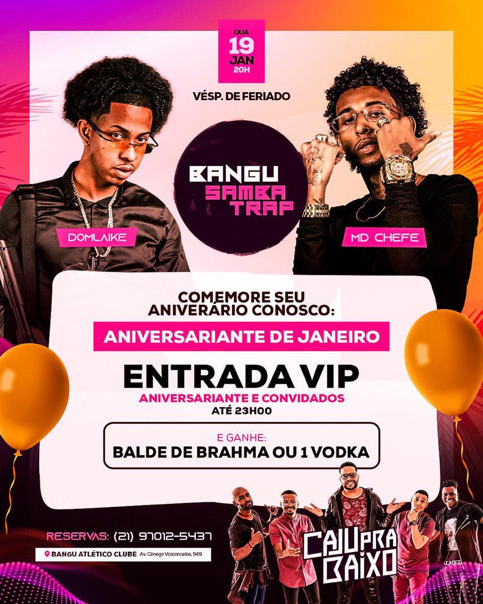 Comemore seu aniversário conosco!!! Nesta véspera de feriado dia 19/01 no Bangu atlético clube!!!! As 23h (aniversariante do mês) entre em contato conosco!
Informações: 21 96488-2966

🖇 CAJU PRA BAIXO
🖇MD CHEFE 
🖇DOMLIKE