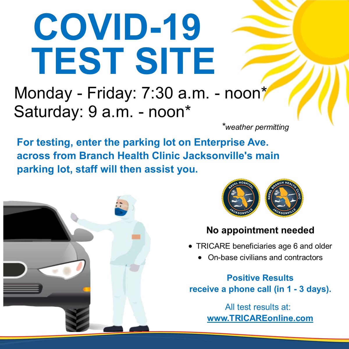 Due to an increase in demand, we're experiencing significant wait times (up to several hours) at our COVID-19 test site. The test site, located across from Branch Health Clinic Jax, is open Mon.- Fri. (7:30 a.m. - noon) & Saturdays (9 a.m. - noon).