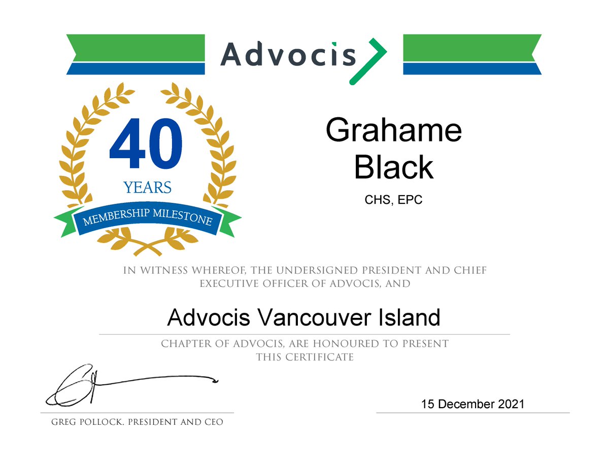 AdvocisVI's tweet photo. Congratulations to Grahame Black on celebrating 40 years as a 
member of Advocis, The Financial Advisors Association of Canada!!
#memberdecember #membershipmilestone #advocis #advisorscare https://t.co/MvuDDpy6wH