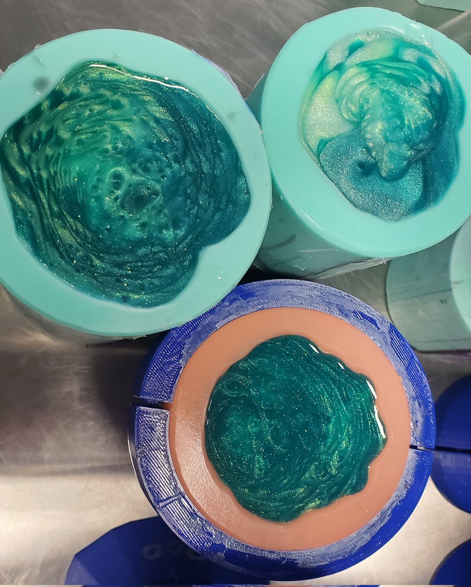 strangebedfella's tweet photo. Okay, last pour of #SBShopDay is done! These super soft greens actually look quite nice! I won't get to see them until tomorrow since we leave here in an hour and a half, but i'll go ahead and start freeing other pours from their molds :3 https://t.co/VElctuIJ09