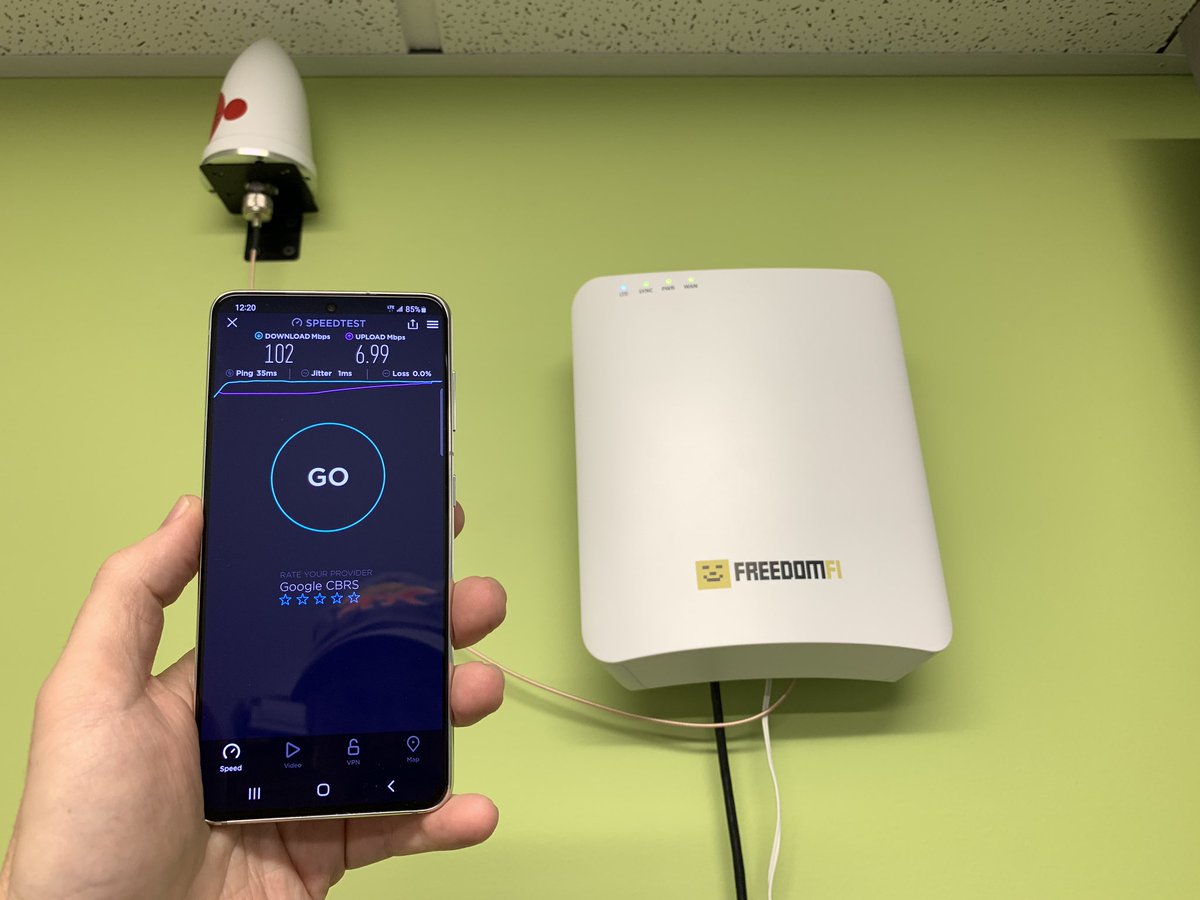 Up and running <a href="/Open5G/">FreedomFi</a> <a href="/helium/">Helium🎈</a> Provides cellular coverage in Tourmaline office suite and throughout multi-tenant office space (50+ tenants) in Carlsbad CA near Palomar Airport. Backhaul is ATT Business 100Mbps symmetric. Tested w/ Samsung Galaxy S21 and @Gigsky SIM