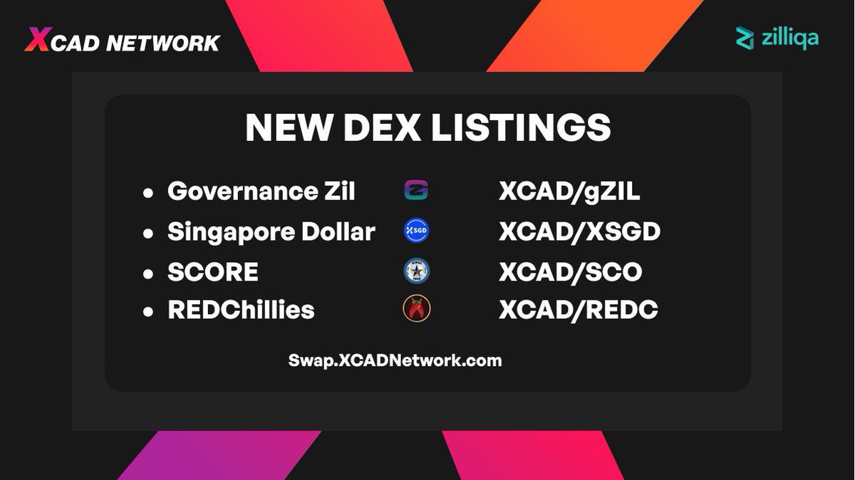 📢4 New listings on the XCAD DEX! 

$gZIL joins our ranks, one the most important tokens within the $ZIL ecosystem.

▪️$XCAD / $gZil <a href="/zilliqa/">Zilliqa</a> 
▪️$XCAD / $REDC <a href="/RedChilliesLabs/">RedChillies</a>
▪️$XCAD / $SCO <a href="/UFFSports/">UffSports</a>
▪️$XCAD / $XSGD 

Extreme APY’s!

Farm NOW! 👨‍🌾

swap.xcadnetwork.com