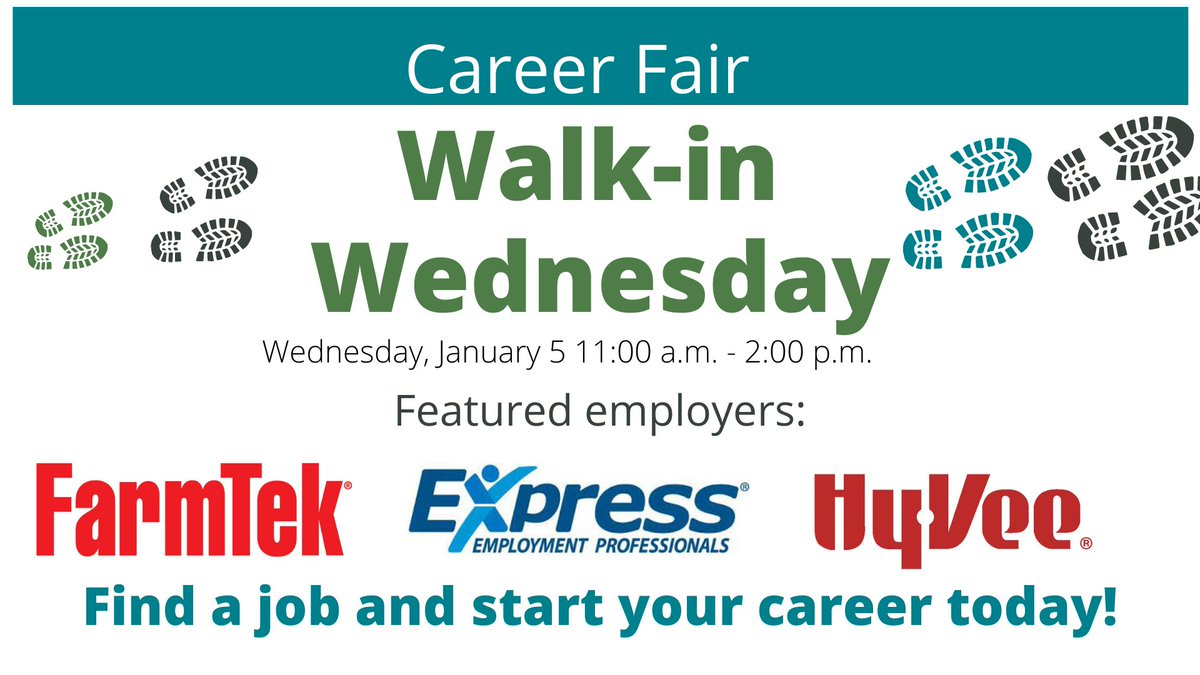 DBQIowaWORKS's tweet photo. Join us this week for Walk in Wednesday! Featured employers are: Hy-Vee, FarmTek and Express.  New Year, New Job! #IowaWORKS #HIRED #JobFair https://t.co/t0HEitKnD3