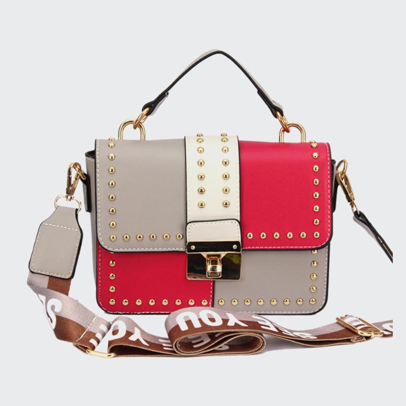 Top New PU Multiple Color Matching Women Cross Body Bag With Ribbon Strap Fashion Rivet Design Lady Hand Bag: Imported material, high quality and exquisite packaging. See more at #leathercrossbodybag #crossbodyshoulderbag