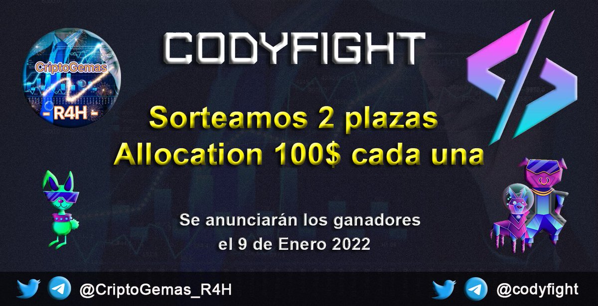 CriptoGemas_R4H's tweet photo. 📌 NUEVO SORTEO TOP❗️🚀

Sorteamos 2 plazas de allocation para el proyecto #Codyfight 

👉 Para participar:

1⃣ Like y RT ✅
2⃣ Seguir @CriptoGemas_R4H y @codyfight ✅
3⃣ Mencionar a 3 amigos ✅
4⃣ Unirte al grupo de telegram https://t.co/ssmi8RQzSc ✅

🍀Mucha Suerte a todos 🍀 https://t.co/O8xwMsylRI