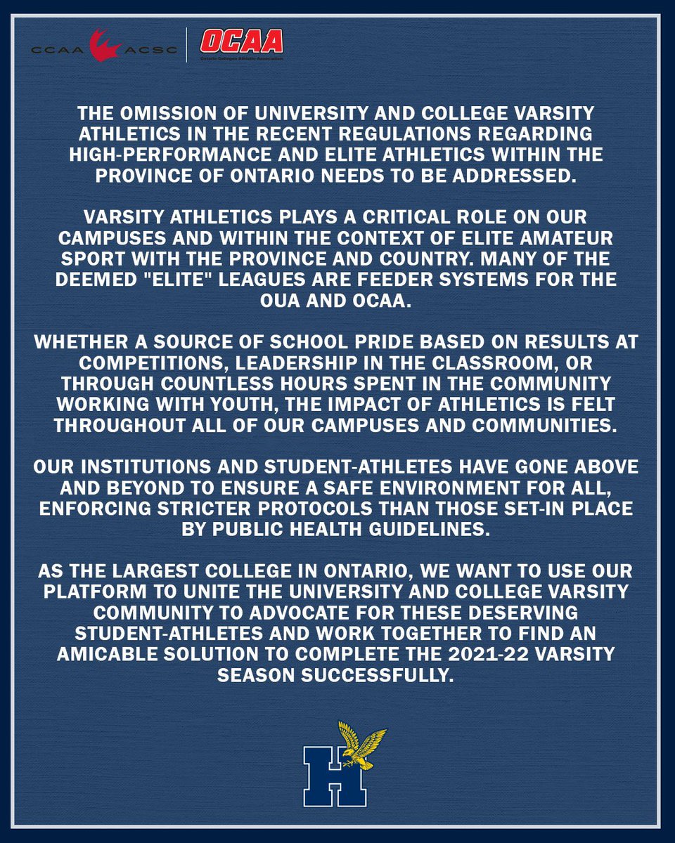 HumberHawks's tweet image. Statement from the Department of Humber Athletics