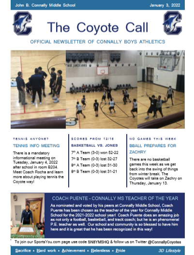 ConnallyCoyotes's tweet photo. Coyote Tennis gets ready to start up, basketball recovers from winter break, Coach Puente is chosen as @NISDConnally Teacher of the Year and so much more on this week's edition of The Coyote Call. #SHARP #3DLifestyle #GoCoyotes https://t.co/0Ptv5edyEW