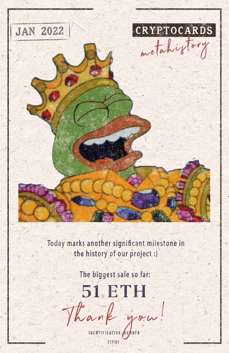 the_cryptocards's tweet photo. The only 1 of 1 in the CrytpoCards Collection “Satoshi Nakamoto” was sold for 51 ETH ($195,140).
Congrats to @DMOR_meme on this historic acquisition and for collecting the one and only complete CryptoCards set.
This transaction results in our total volume surpassing 200 ETH. https://t.co/xIeVi6HNug