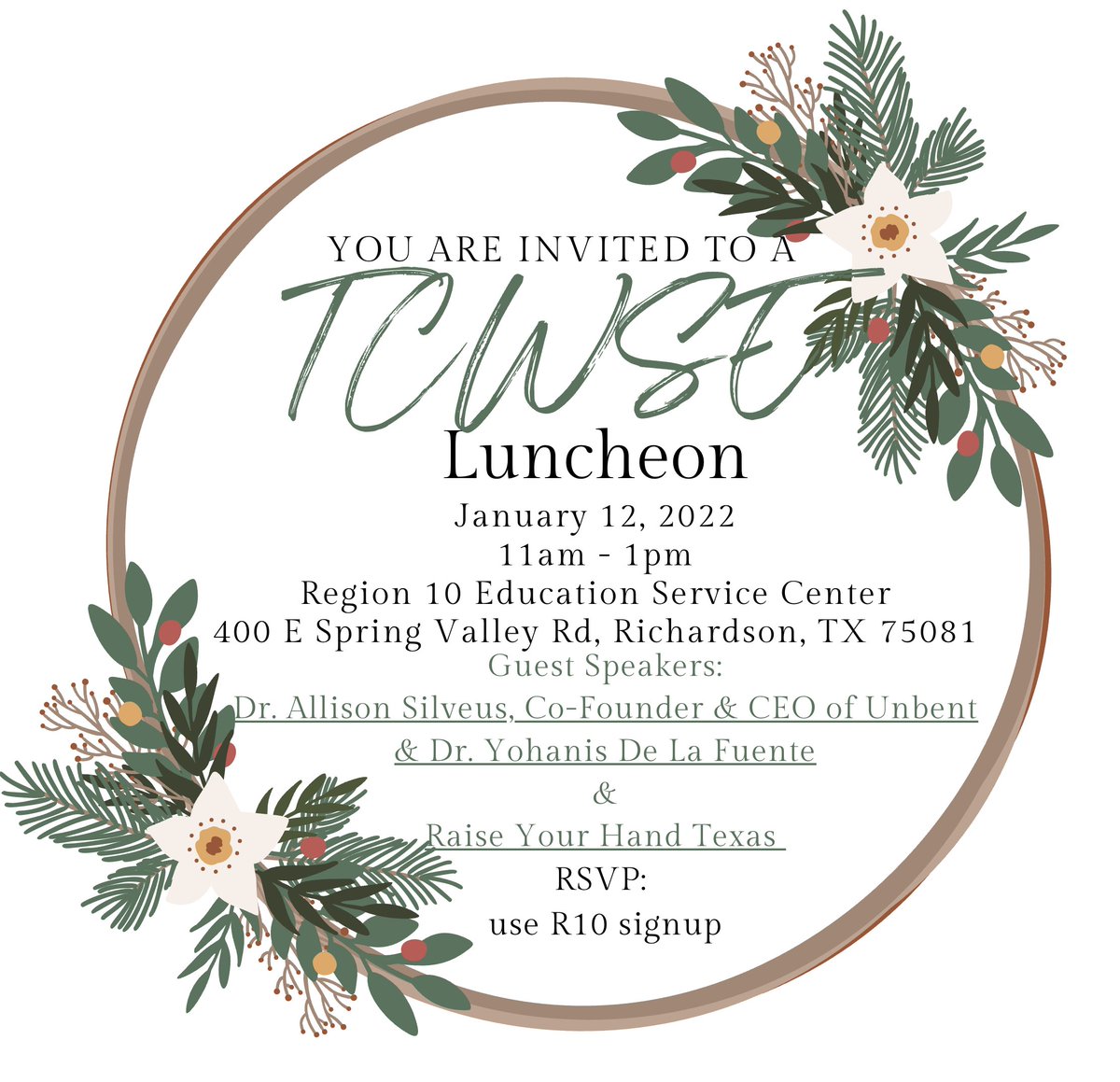 Region 10 TCWSE (@r10tcwse) on Twitter photo The next Region 10 TCSWE luncheon is just around the corner! Looking forward to seeing everyone on Jan. 12 at <a href="/Region10ESC/">Region 10 ESC</a> from 11 a.m. - 1 p.m.! Can't wait to hear from our special guests from The Unbent Team and <a href="/RYHTexas/">RaiseYourHandTexas</a> The next Region 10 TCSWE luncheon is just around the corner! Looking forward to seeing everyone on Jan. 12 at <a href="/Region10ESC/">Region 10 ESC</a> from 11 a.m. - 1 p.m.! Can't wait to hear from our special guests from The Unbent Team and <a href="/RYHTexas/">RaiseYourHandTexas</a>