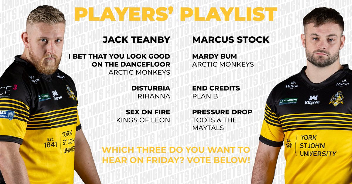 YorkRLFC's tweet photo. 🎧 Introducing... 𝑻𝒉𝒆 𝑷𝒍𝒂𝒚𝒆𝒓𝒔' 𝑷𝒍𝒂𝒚𝒍𝒊𝒔𝒕!

Ahead of each home match in 2022, two Knights' music choices will be up for a vote and the winner's will be included in our Matchday Playlist!

First up... @Jack_Teanby 🆚 @marcusjstock!

Vote below ⬇️

#WeAreYork⚔️ https://t.co/FJDHbG0p3r