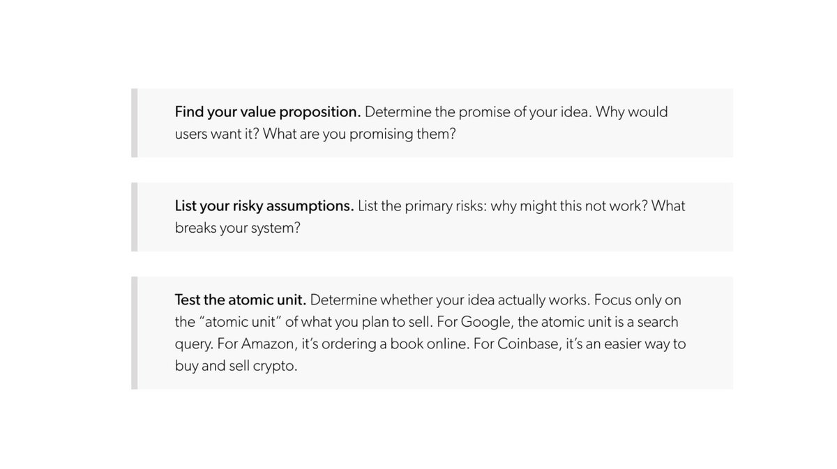 firstround's tweet image. We recommend revisiting @gaganbiyani's Minimum Viable Testing framework, which struck a chord with Review readers as an alternative to the typical MVP approach. Instead, it's a specific test of an assumption that must be true for the business to succeed.

review.firstround.com/the-30-best-pi…
