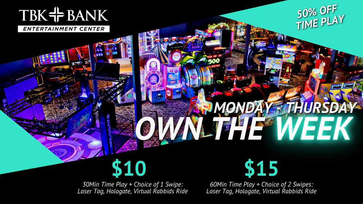 high5lg's tweet photo. Every Monday through Thursday we're massively discounting our time-play items. 
Bring the whole family for an affordable night of fun! 

#QuadCities #Thingstodo #TBKBankSportsComplex #FamilyActivities #FamilyTime  #QCthatswhere #Arcade #LaserTag #Hologate #VR https://t.co/cKbF6fG8OT