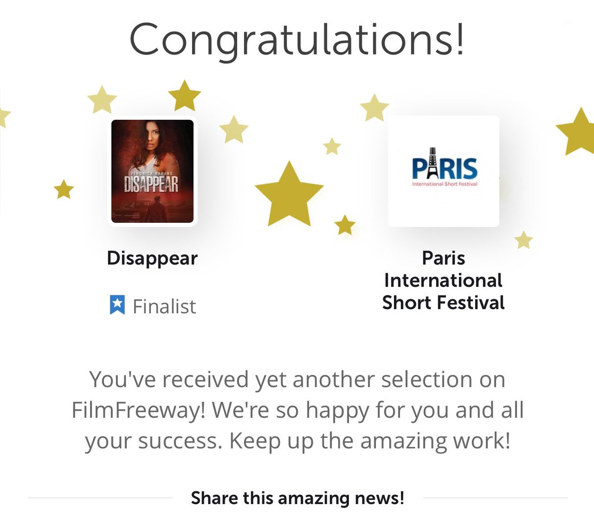 VeronicaNarang's tweet photo. Ecstatic that Disappear is a finalist at Paris International Short Fest! Thank you! #parisinternationalshortfest #disappear #film #awards https://t.co/96JyOW8iH7