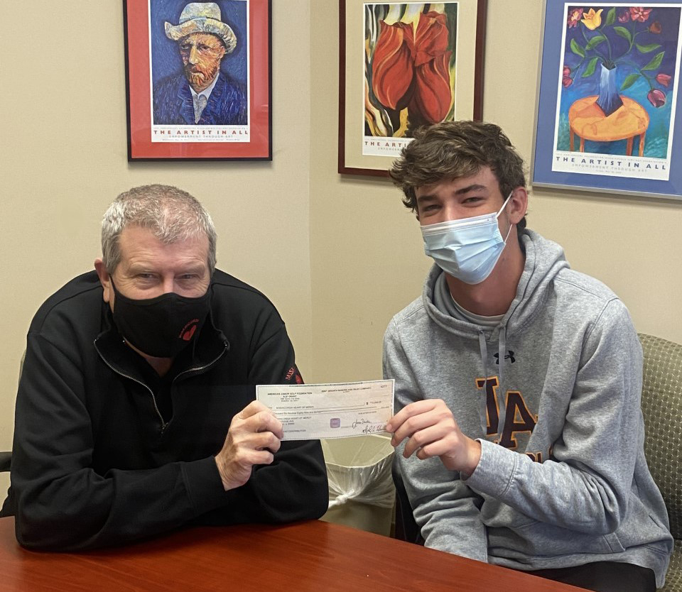 heartofmercy's tweet photo. Many thanks to Ryan Banas for stopping by today to give Father Jack the Misericordia proceeds from the inaugural 2021 Junior Chicago Cup. So grateful to Ryan and his fellow Junior Chicago Cup participants as well as to the @AJGAGolf! #MisericordiaCommunity #MisericordiaStrong https://t.co/B1QVKJ22IT