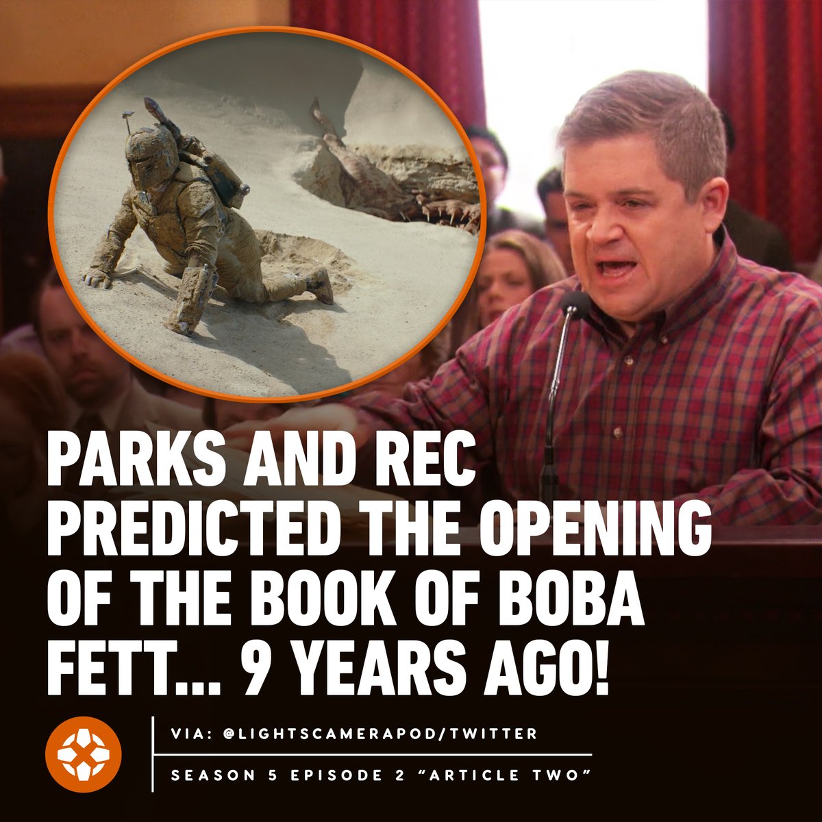 IGN's tweet photo. Patton Oswalt somehow perfectly predicted the opening scene to The Book of Boba Fett, during a scene from Park and Rec Season 5 when his character began to filibuster about Star Wars. https://t.co/ySBOEy2P0b https://t.co/yxjhvwot3H