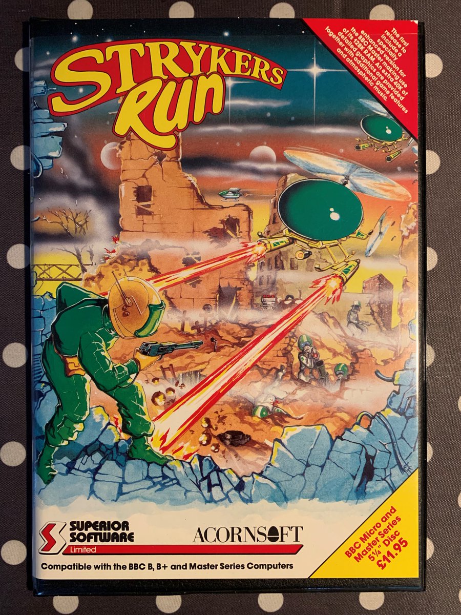 Wiborg1978's tweet photo. The @croberts68 game of the day:
#StrykersRun is a 2D side-scrolling action game by Chris Roberts and Philip Meller and was published by #SuperiorSoftware in 1986 for the #BBCMicro. The music, a version of the Yellow Magic Orchestra's "Rydeen", was created by @martin_galway. https://t.co/OdM5kNgFM9