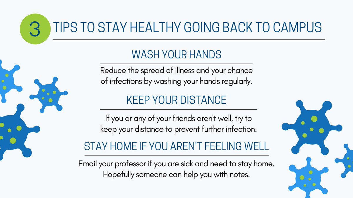 GradGuard's tweet photo. As you start heading back to campus, here are some quick tips to stay healthy this semester.
If you are feeling sick ๐คง, speak with your doctor or make an appointment at your university's student health center to get checked out.
#studenthealth #covid19 #collegelifeprotected https://t.co/0VyMdvLJvU