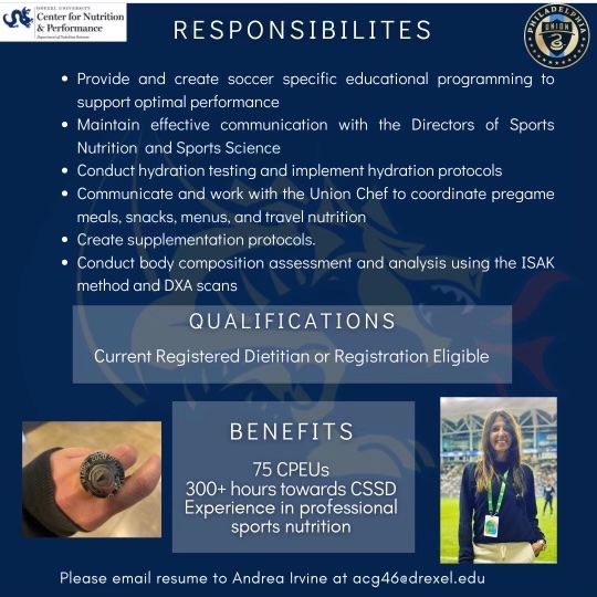 DrexelNutrition's tweet photo. UNIQUE Sports Nutrition Fellowship opportunity in PROFESSIONAL SPORTS with the PHILADELPHIA UNION MLS TEAM!!! Designed to provide RD’s with hands-on professional sports experience &amp;  75 CPEUs.  Apply now - Email resume to Andrea Irvine acg46@drexel.edu! https://t.co/QL4cA7WTeS