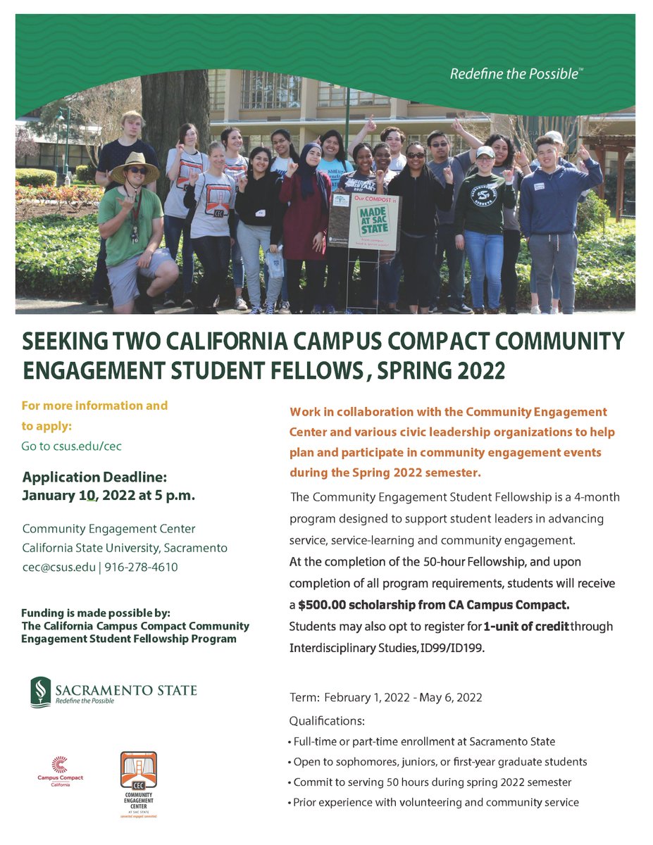 This spring 2022, become a California Campus Compact Community Engagement Student Fellow! This program helps develop experience in service, service-learning, and community engagement. Perfect opportunity to grow as a student leader at Sac State! #cec #fellowship #sacstate