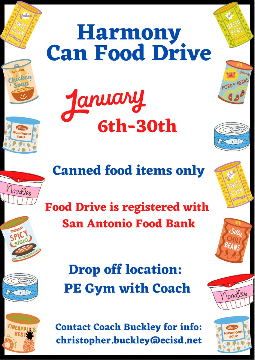 CoachBuck210's tweet photo. Happy New Year!! 

Harmony Can Food Drive with the San Antonio Food Bank begins this week!  

Here to help those in need after the holidays! 💚

January 6 - January 30

Let’s go!!!

#inspireharmony #WeAreEC https://t.co/4OGKkyNXWC