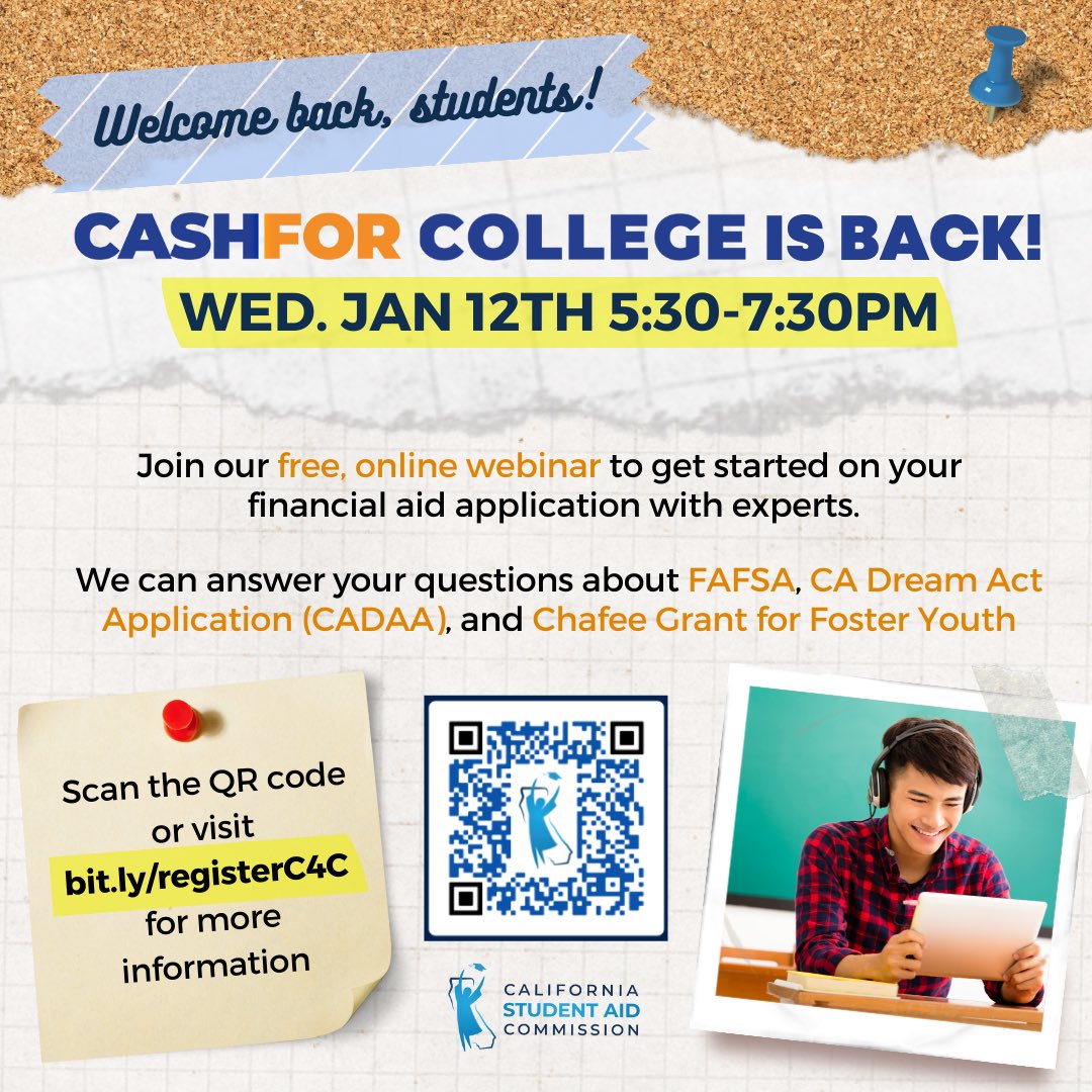 castudentaid's tweet photo. Receive assistance filling out your #FAFSA or the #CADreamAct Application (CADAA) during our free #CashforCollege webinar. Register for our available dates at https://t.co/V1wczLCUQA or by clicking the link in our bio. https://t.co/5LKb02Ph4d