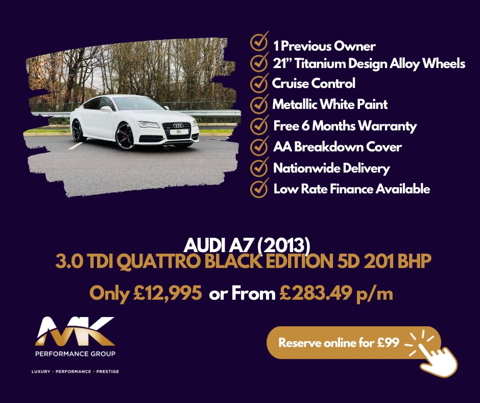 MKPerformanceUK's tweet photo. 2013 Audi A7 3.0 TDI Quattro Black Edition 5d 201 BHP 

FROM £283* PER MONTH

PRICE: £12,995

DEPOSIT: 10% 

TERMS: 48 MONTHS HP AGREEMENT

APR: 7.9% SUBJECT TO ACCEPTANCE 

*Representative APR shown is an example

📞 0161 222 9493
📱 07858 200 728
💬 Drop us a DM
#car #Audi https://t.co/6phbjs1dYk