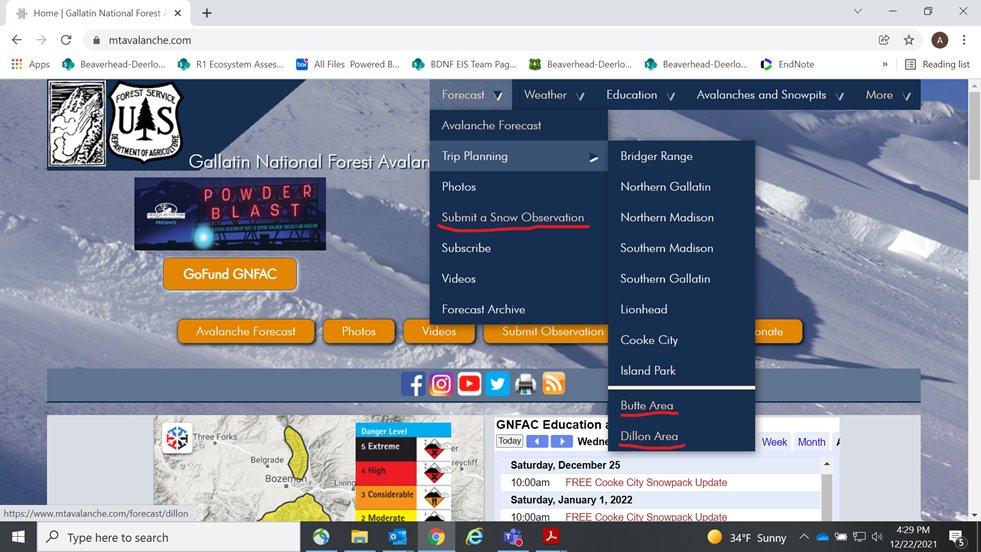 We are so appreciative to the Gallatin National Forest Avalanche Center for working with us to create and host 2 new public webpages on their website. The pages are dedicated to snow, weather and avalanche info for planning trips into the backcountry in the Butte or Dillon areas.