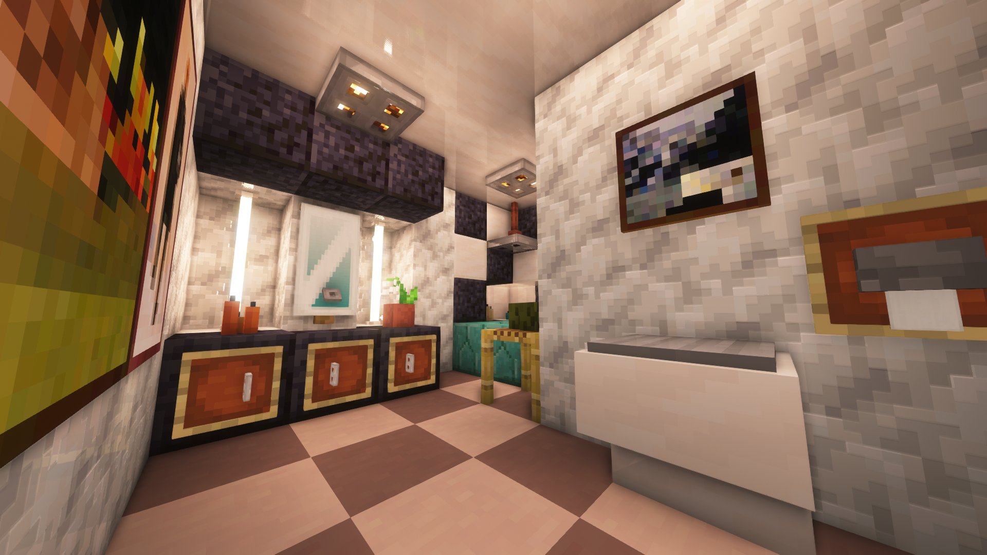 تويتر Jaxlai Hobbyac على تويتر 3rd Basement Section Bathroom And Sauna Room Black Wash Basin And Storage Calcite Quartz Polished Blackstone Walls Terracotta Floor Lighting And Bath Products Are In The Niche Minecraft