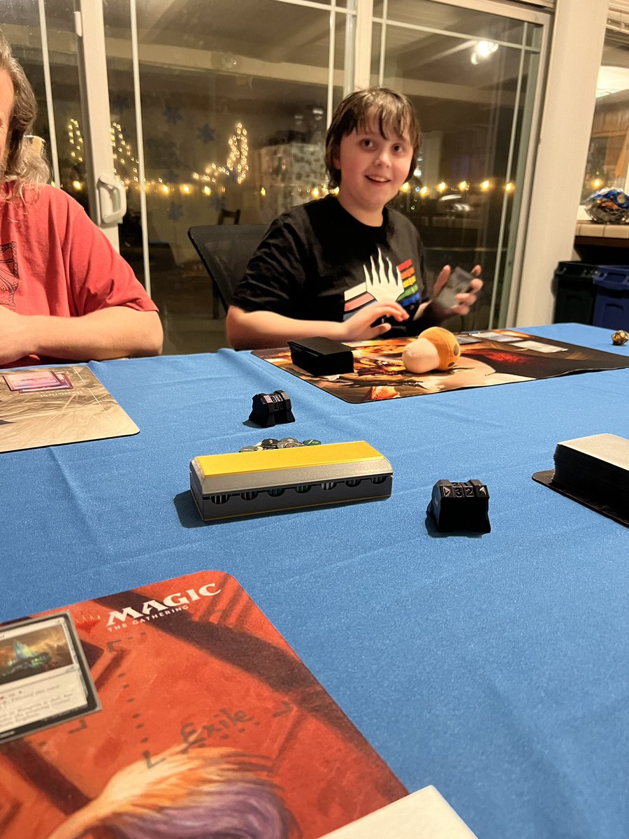 plusultrapotat's tweet photo. Last night I looked up and realized Jaxen actually had on his MTG shirt while playing MTG. The dudes kicked our butts, still had tons of fun. #MTGFamily #TwoHeadedGiant #DeckTesting https://t.co/GXO3shn2P0