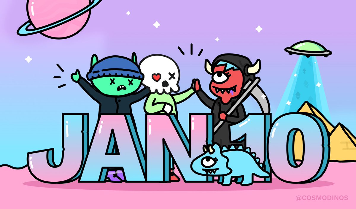 🛸PRESALE GIVEAWAY🛸

For the presale on January 10th we’re giving away:
💀 1 @CryptoMories + 1 <a href="/alienfrens/">alien frens</a> 👽

How to participate:
- Like &amp; Retweet this post
- Join discord.gg/cosmodinos
- Be registered in the WL
- Mint at least 1 Cosmo (January 10th)

Ends on January 11th🗓🦖