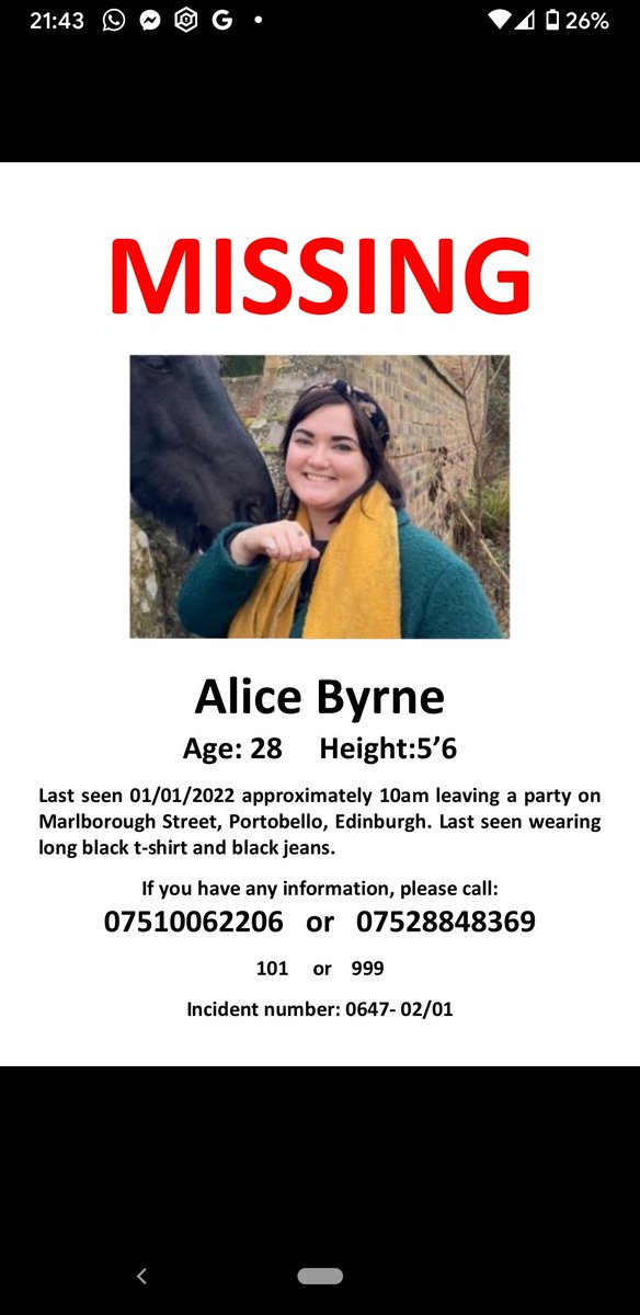 Hi twitter. My sister Alice is still missing. Friends and family have been putting posters up around Edinburgh. Please share these images widely, we hope to jog someones memory. Thanks to everyone for the amazing support so far.