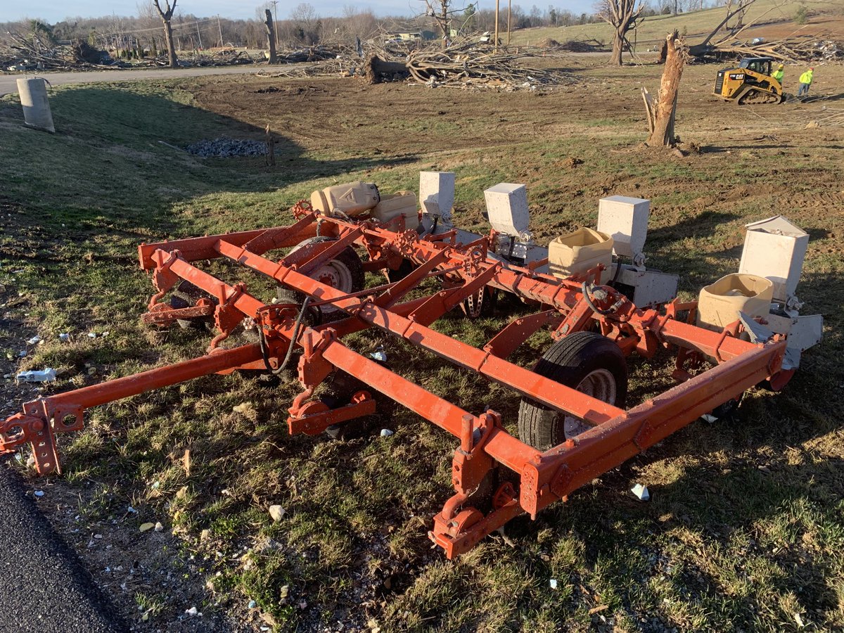 The restored Allis Chalmers no-till planter has some scratches &amp; damaged seed boxes. It survived 190 mph tornado &amp; a bldg falling on it. Princeton KY #notill #cantkillclassic