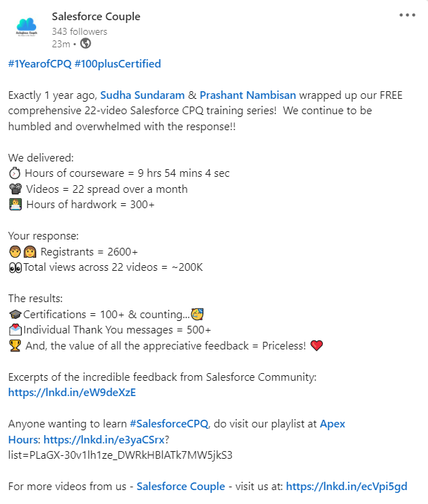 #1YearofCPQ #100plusCertified

Exactly 1 year ago, <a href="/p_nambisan/">Prashant Nambisan</a> &amp; <a href="/SudhaSundaram2/">Sudha Sundaram</a> wrapped up FREE comprehensive 22-video Salesforce CPQ training series!  We continue to be humbled and overwhelmed with the response!!

Post: bit.ly/334oKBy
Playlist: bit.ly/3tdpLSX