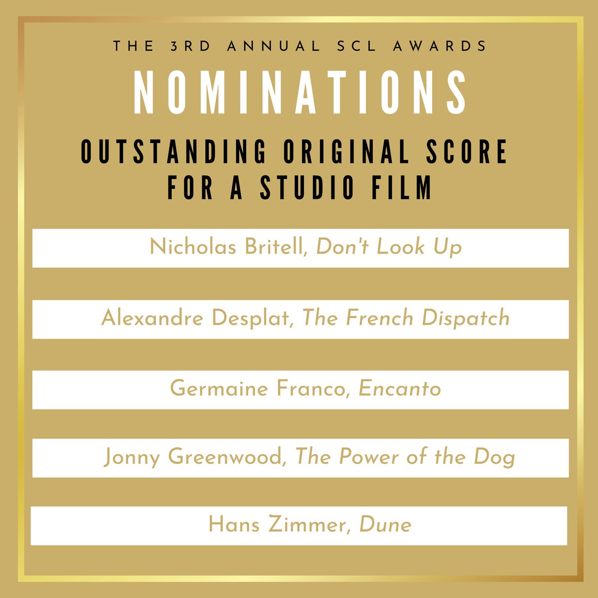 scl_ny's tweet photo. Congratulations to the nominees for Outstanding Original Score for a Studio Film! 🎶 #sclawards #originalscore #studiofilm #thescl #sclny https://t.co/qIf93wkZY2