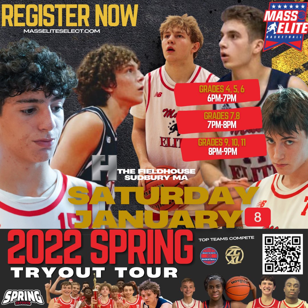 PolliEric's tweet photo. Only a few days away @MassEliteHoop #2022SpringTryoutTour begins @fieldhouseSP. Sessions for Non-Varsity Boys begin this Saturday on 01/08, please use QR code in graphic to register online. Girls sessions begin later this month! https://t.co/75irZFr2IK