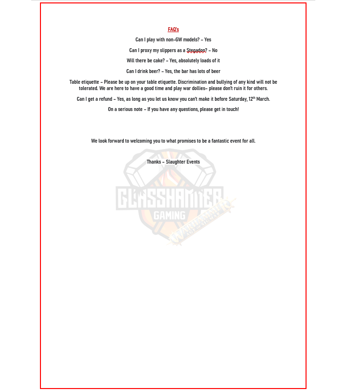 AOSSloan's tweet photo. VERY excited to announce the "Shropshire Slaughter" - A 40 Player, 2000pts AOS GT 2 day tournament at @GlasshammerUK's venue, The Glasshouse, in Telford, Shropshire, on 26th/27th March. Images and link to pack will be added to this tweet. We'd love to see you there. Please RT! https://t.co/Xi4T4oKIrb